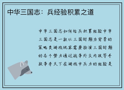 中华三国志：兵经验积累之道